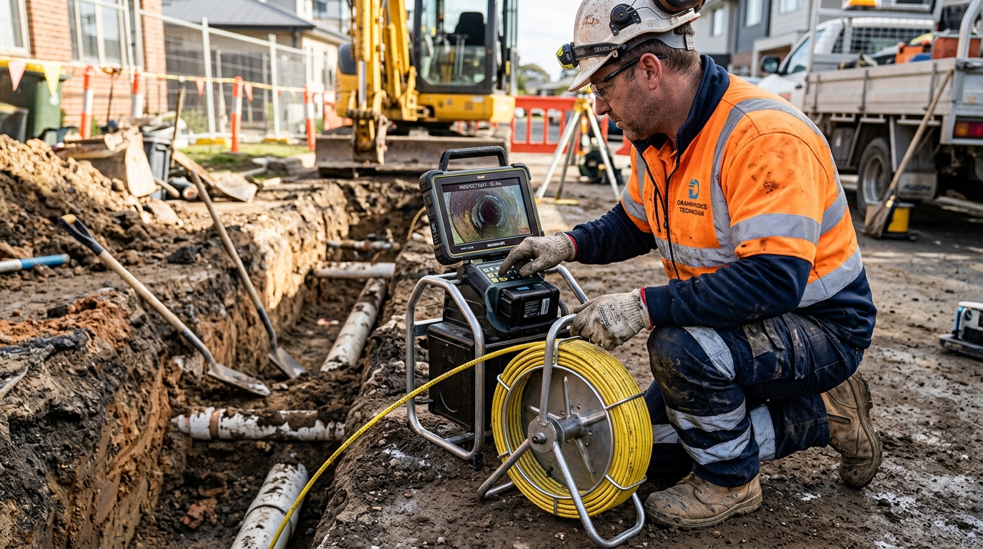 Sewer repair technician operating camera inspection reel and underground diagnostic equipment